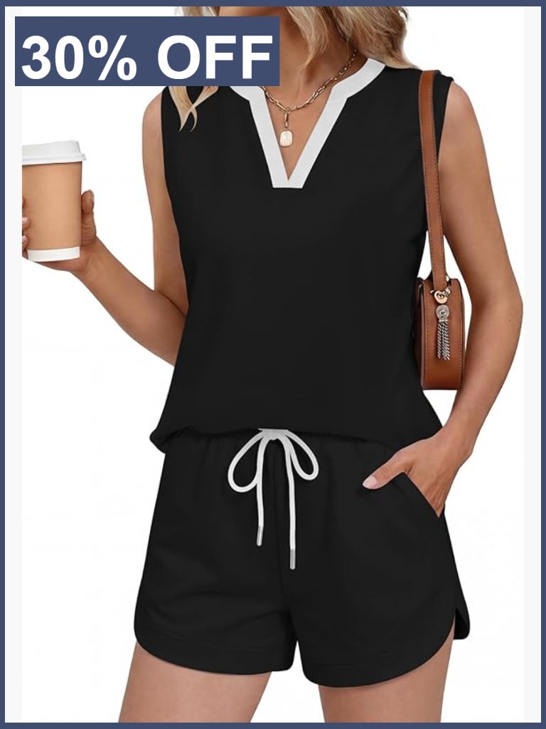 Women's 2 Piece Short Set V Neck Tank Top And Shorts Lounge Travel Outfit